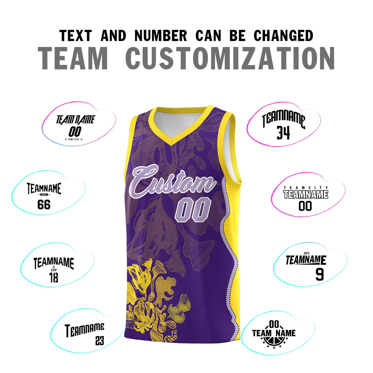 Custom Purple Gold Basketball Jersey - Illusion Flower Graffiti Breathable mesh Fabric