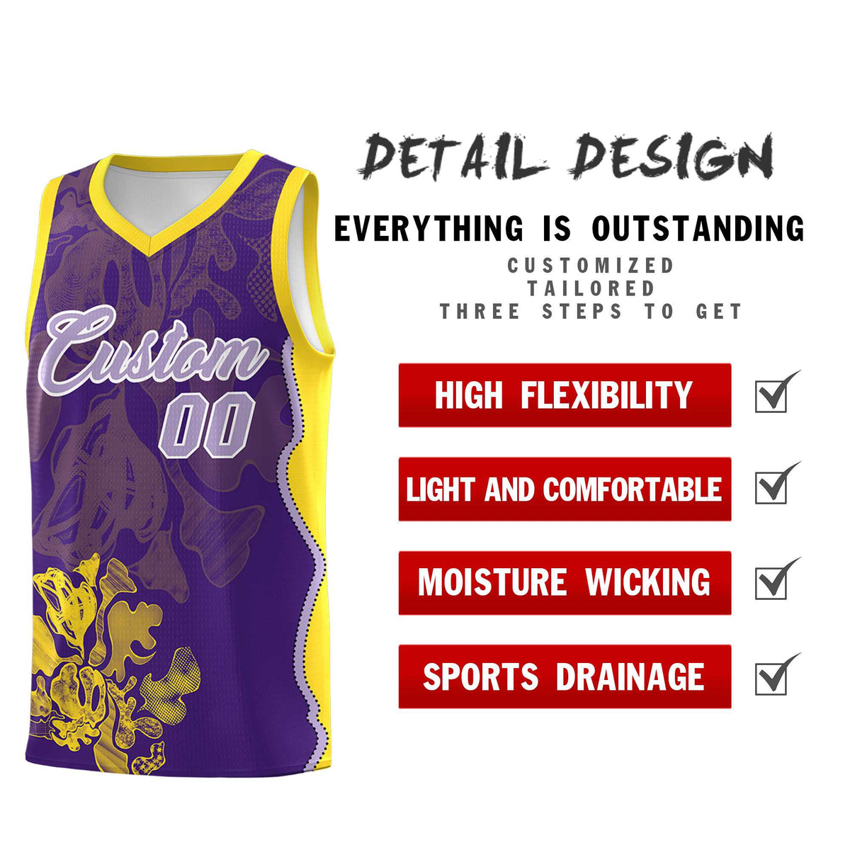 Custom Purple Gold Basketball Jersey - Illusion Flower Graffiti Breathable mesh Fabric