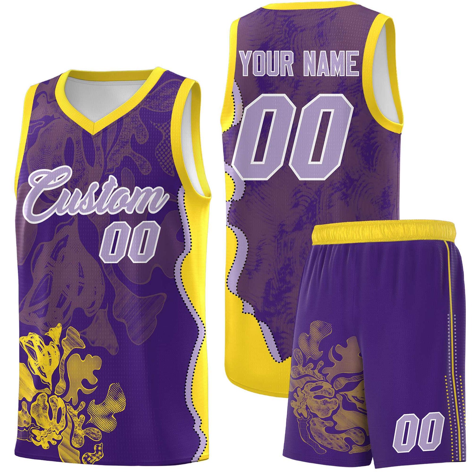 Custom Purple Gold Basketball Jersey - Illusion Flower Graffiti Breathable mesh Fabric