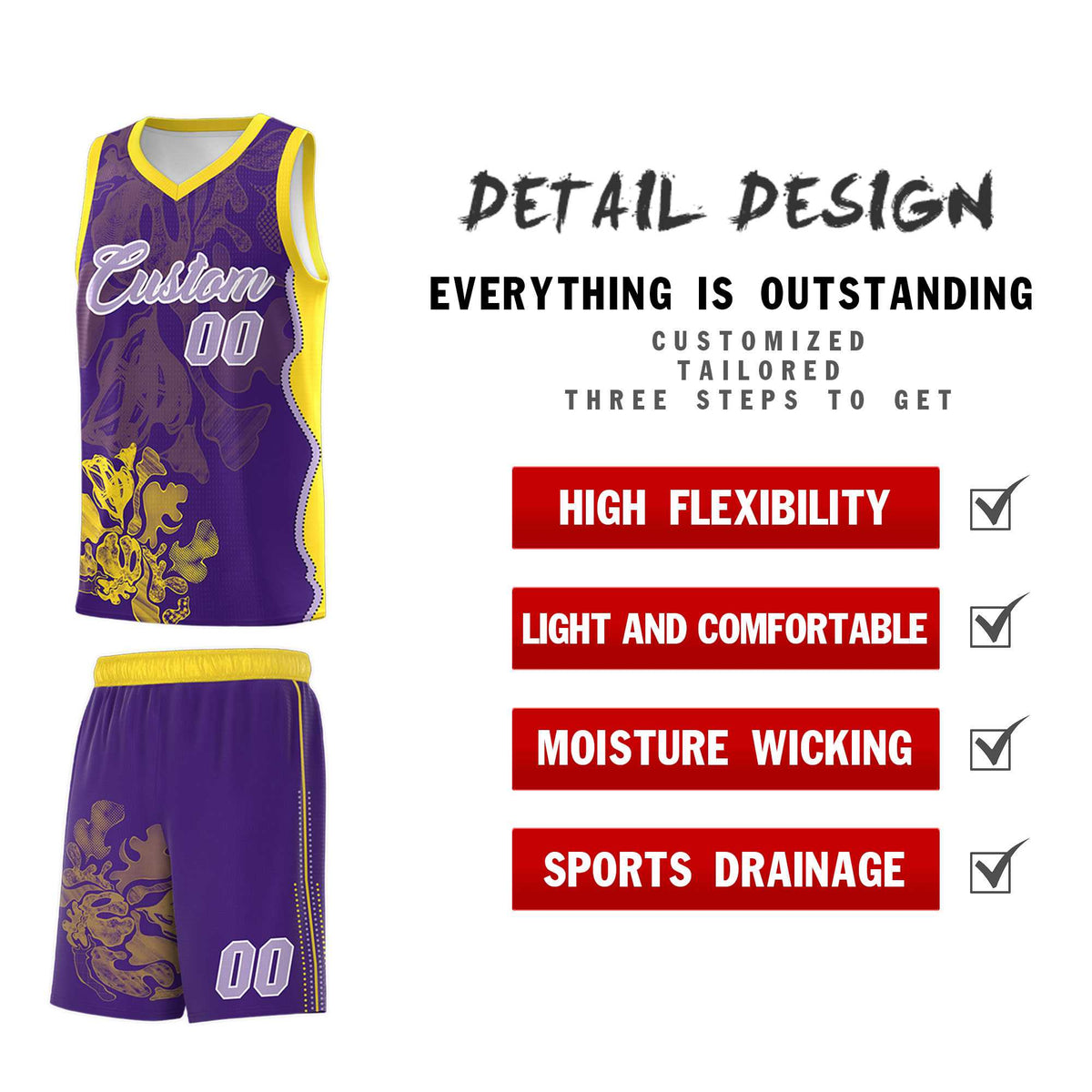 Custom Purple Gold Basketball Jersey - Illusion Flower Graffiti Breathable mesh Fabric