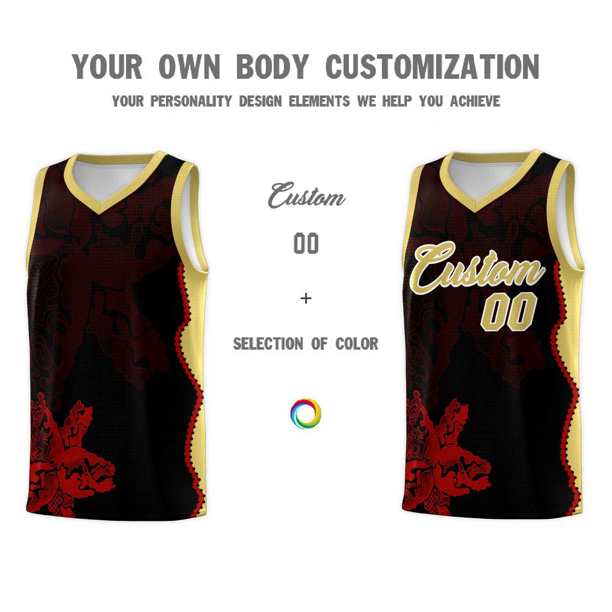 Custom Black Old Gold Basketball Jersey - Illusion Flower Graffiti Durable Fabric
