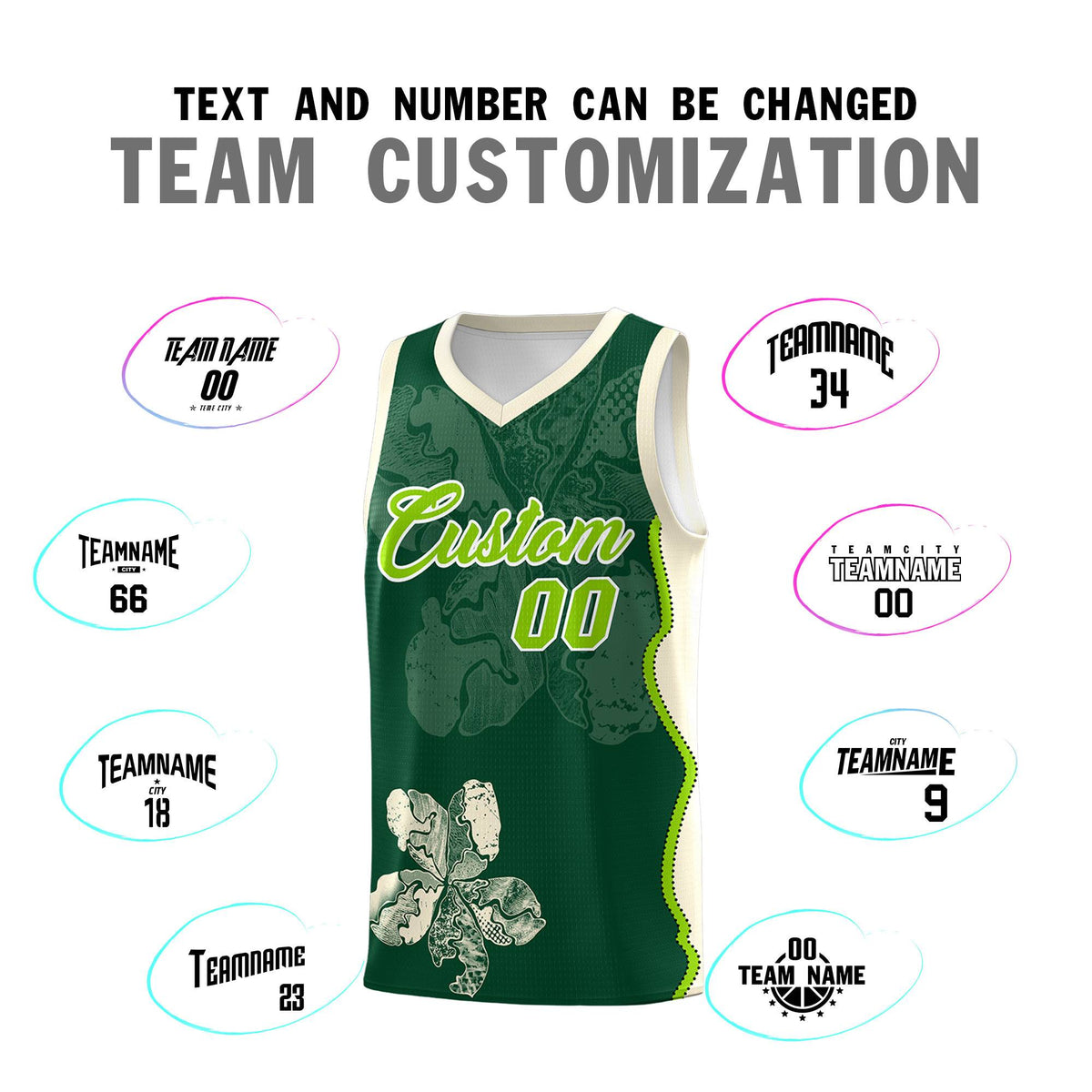 Custom Green Cream Basketball Jersey - Illusion Flower Graffiti Breathable Fabric