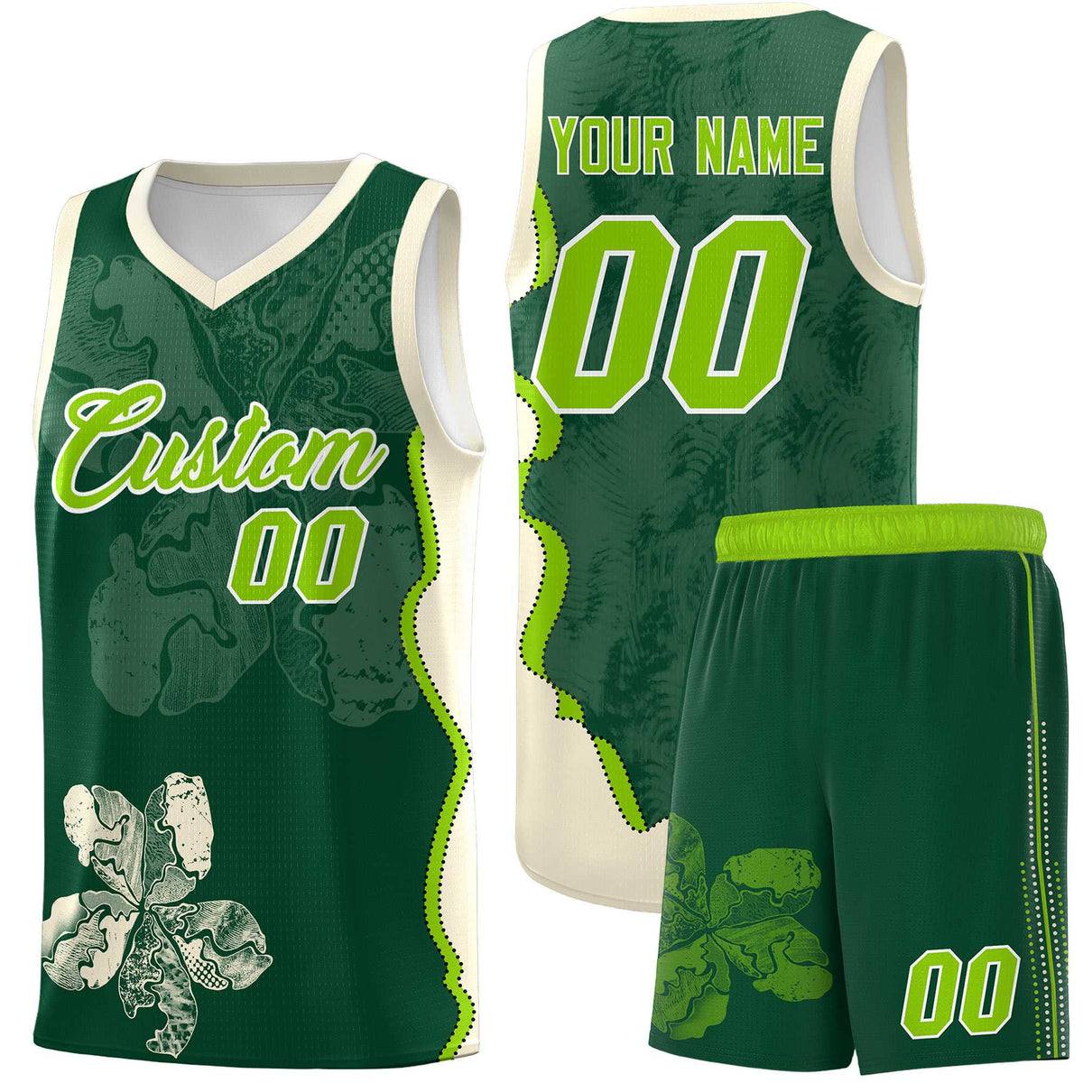 Custom Green Cream Basketball Jersey - Illusion Flower Graffiti Breathable Fabric