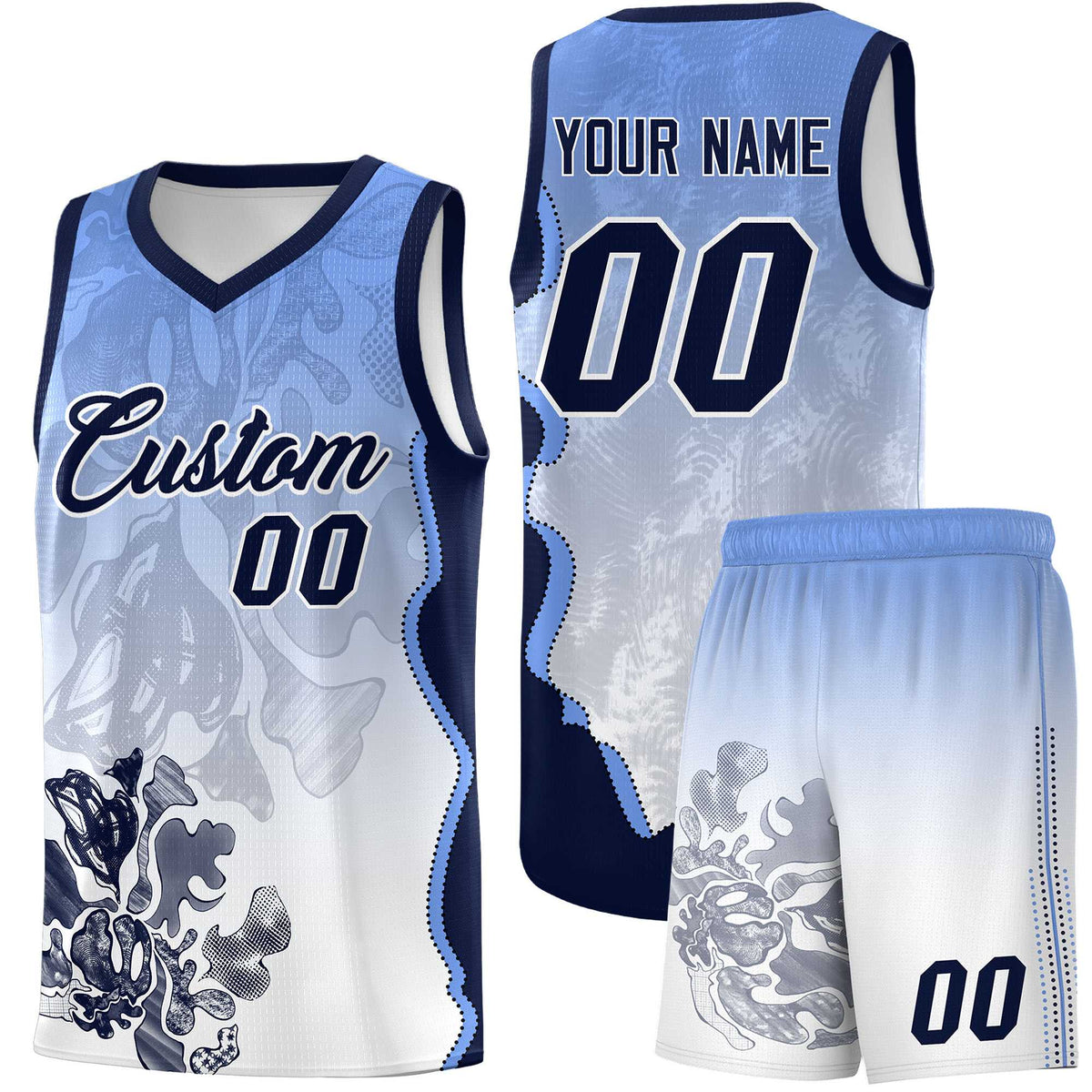 Custom White Navy Basketball Jersey - Illusion Flower Gradient Moisture wicking Fabric