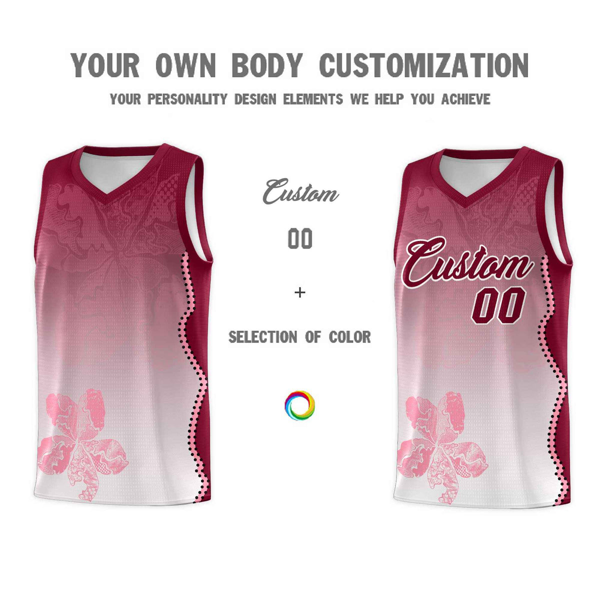 Custom White Crimson Basketball Jersey - Illusion Flower Gradient Stretchy Fabric