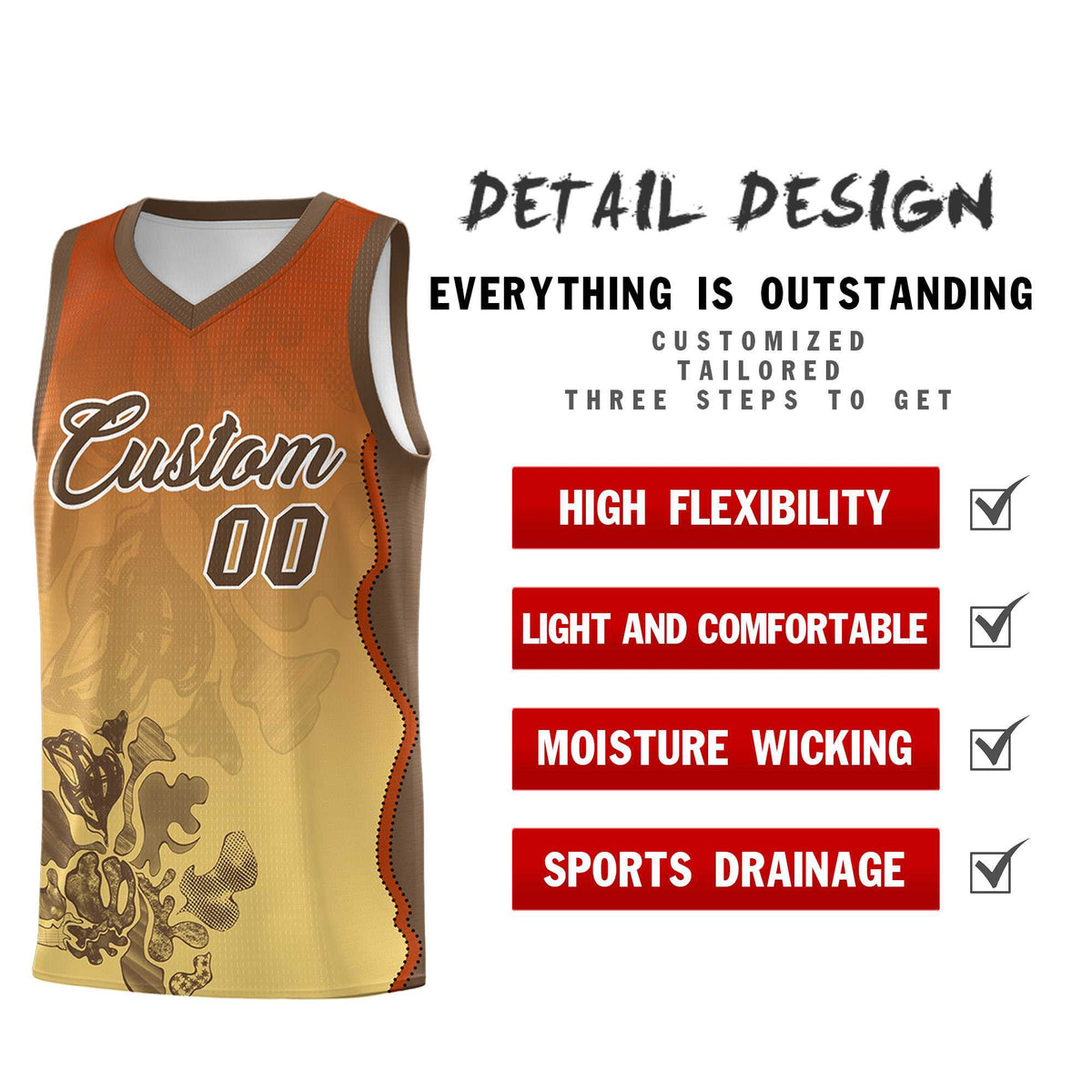 Custom Khaki Dark Orange Basketball Jersey - Illusion Flower Gradient Quick dry Fabric