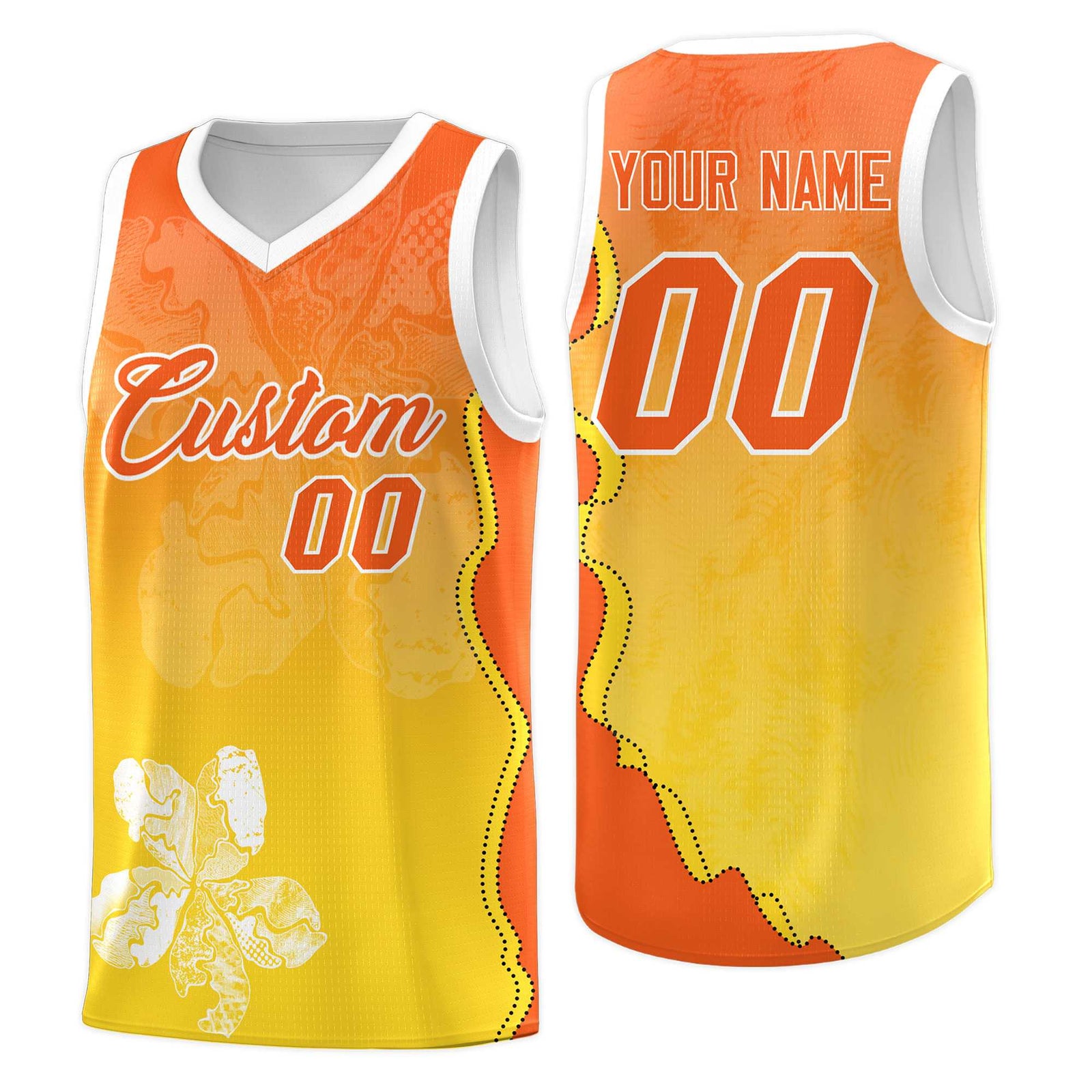 Custom Gold Orange Basketball Jersey - Illusion Flower Gradient Unique Fabric