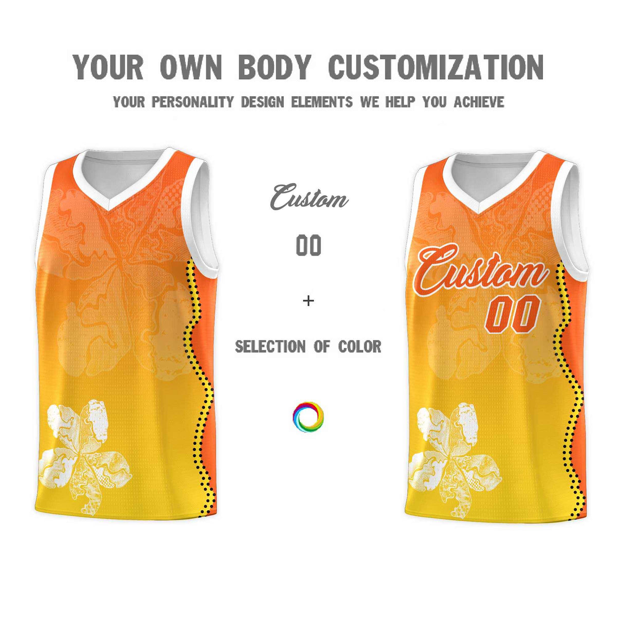Custom Gold Orange Basketball Jersey - Illusion Flower Gradient Unique Fabric