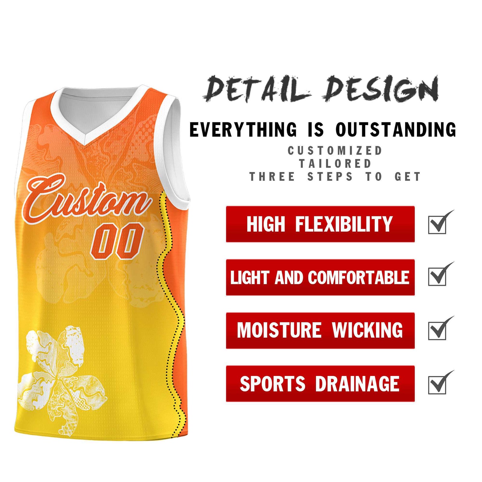 Custom Gold Orange Basketball Jersey - Illusion Flower Gradient Unique Fabric