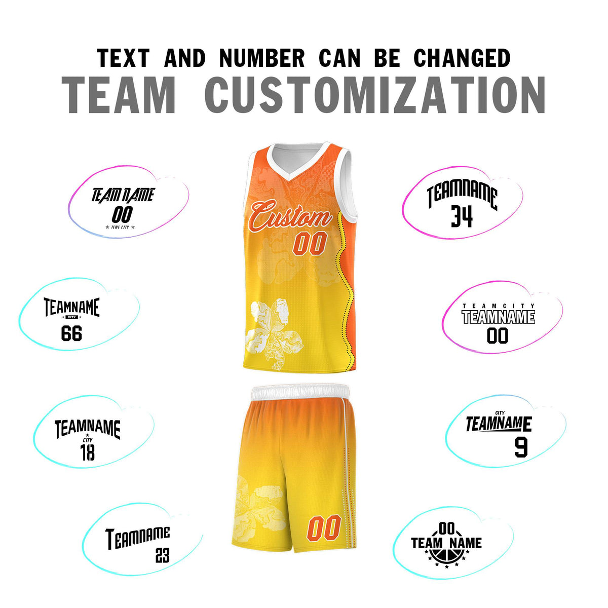 Custom Gold Orange Basketball Jersey - Illusion Flower Gradient Unique Fabric
