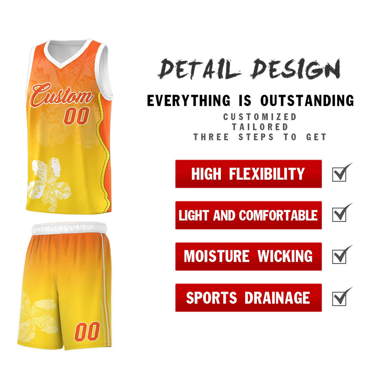 Custom Gold Orange Basketball Jersey - Illusion Flower Gradient Unique Fabric