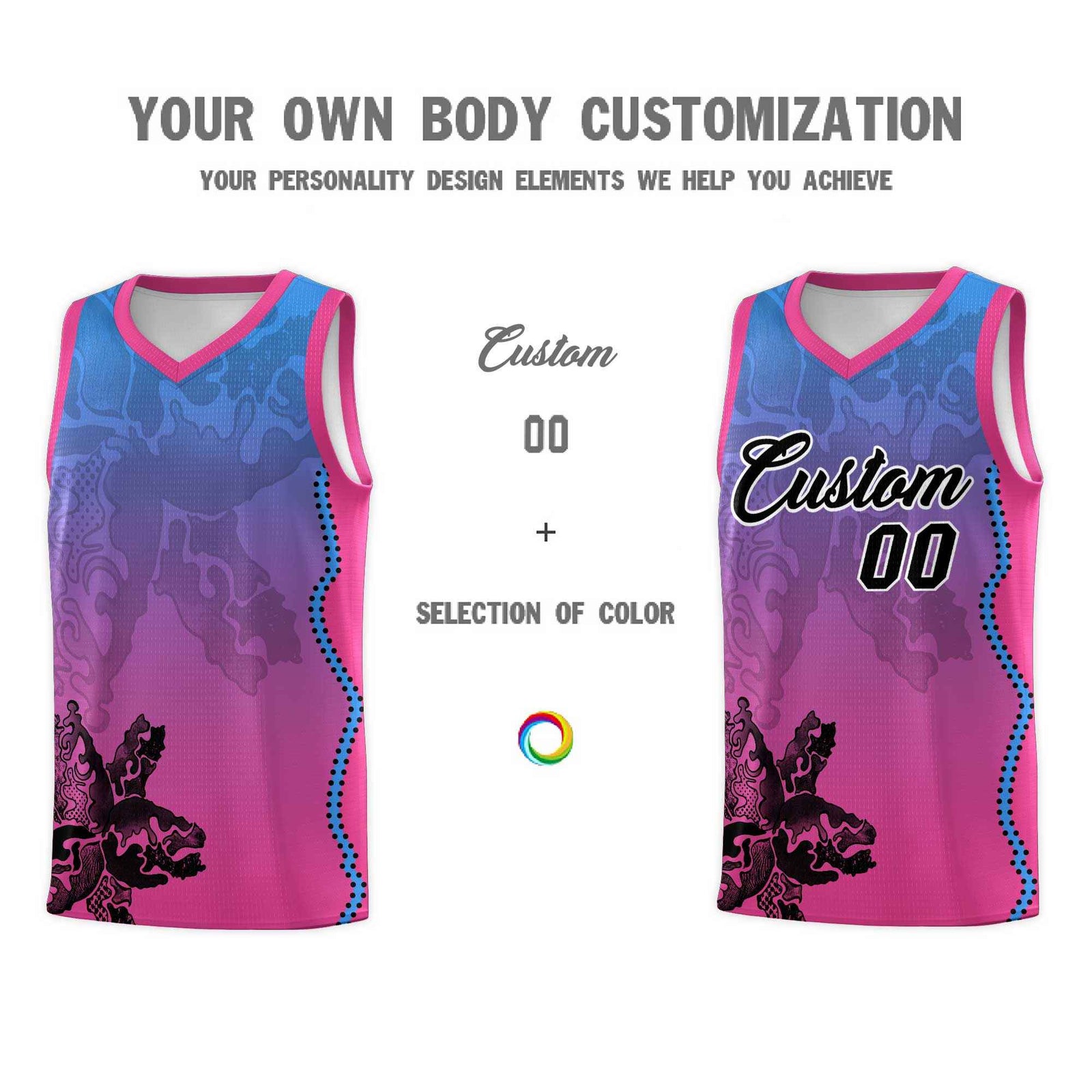 Custom Pink Light Blue Basketball Jersey - Illusion Flower Gradient Breathable mesh Fabric