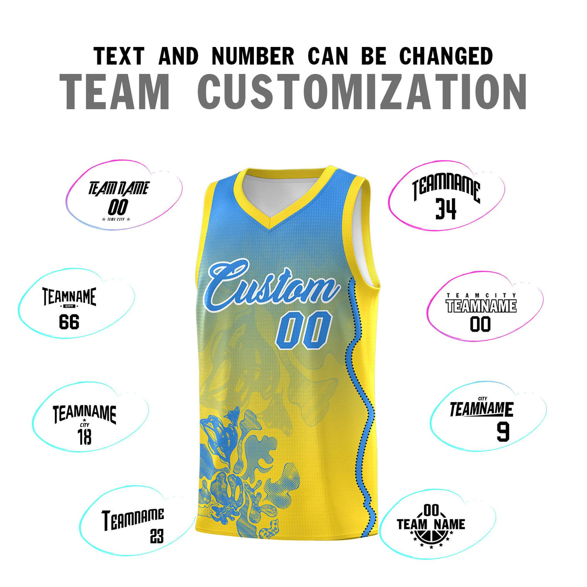 Custom Gold Light Blue Basketball Jersey - Illusion Flower Gradient Breathable Fabric