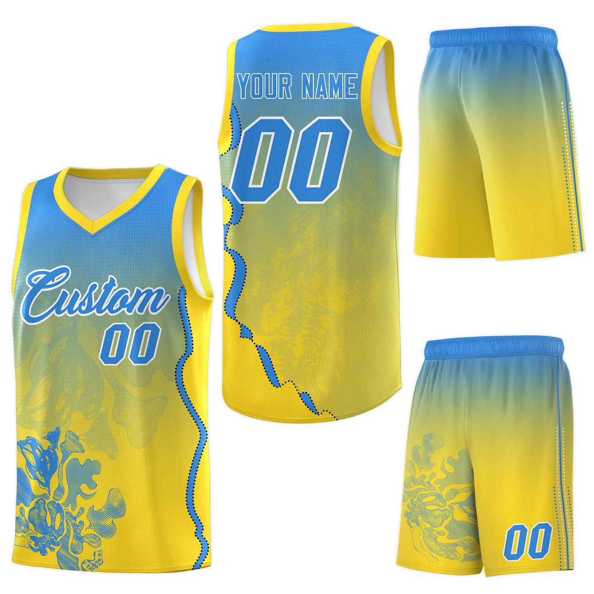 Custom Gold Light Blue Basketball Jersey - Illusion Flower Gradient Moisture-Wicking