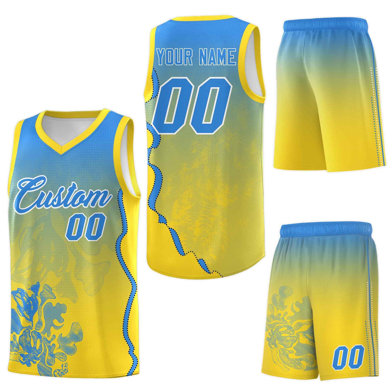 Custom Gold Light Blue Basketball Jersey - Illusion Flower Gradient Moisture-Wicking