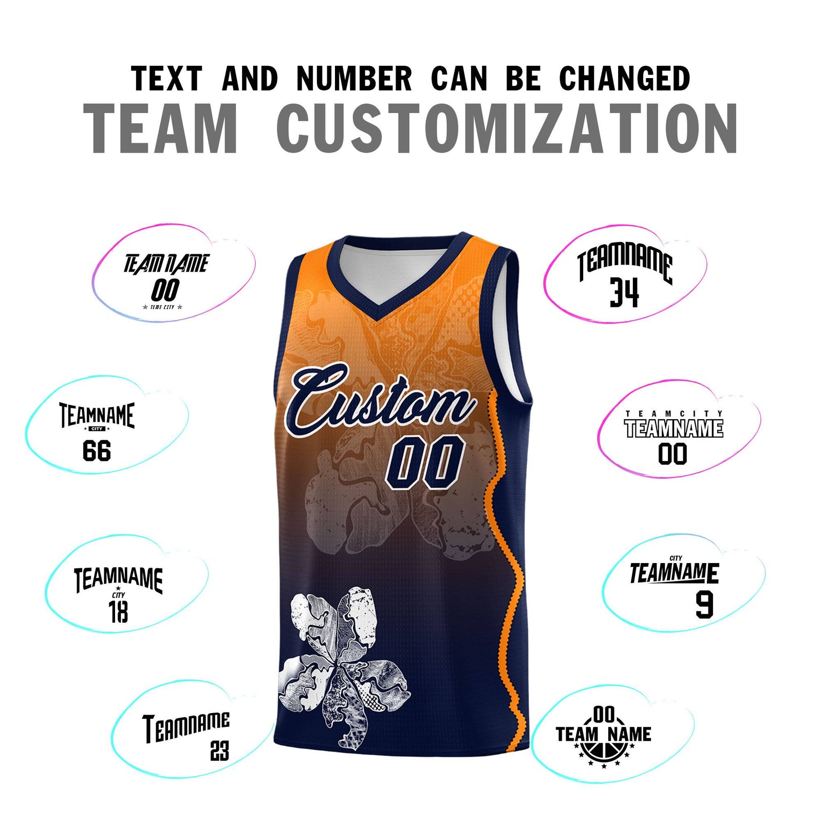 Custom Navy Orange Basketball Jersey - Illusion Flower Gradient Lightweight Fabric