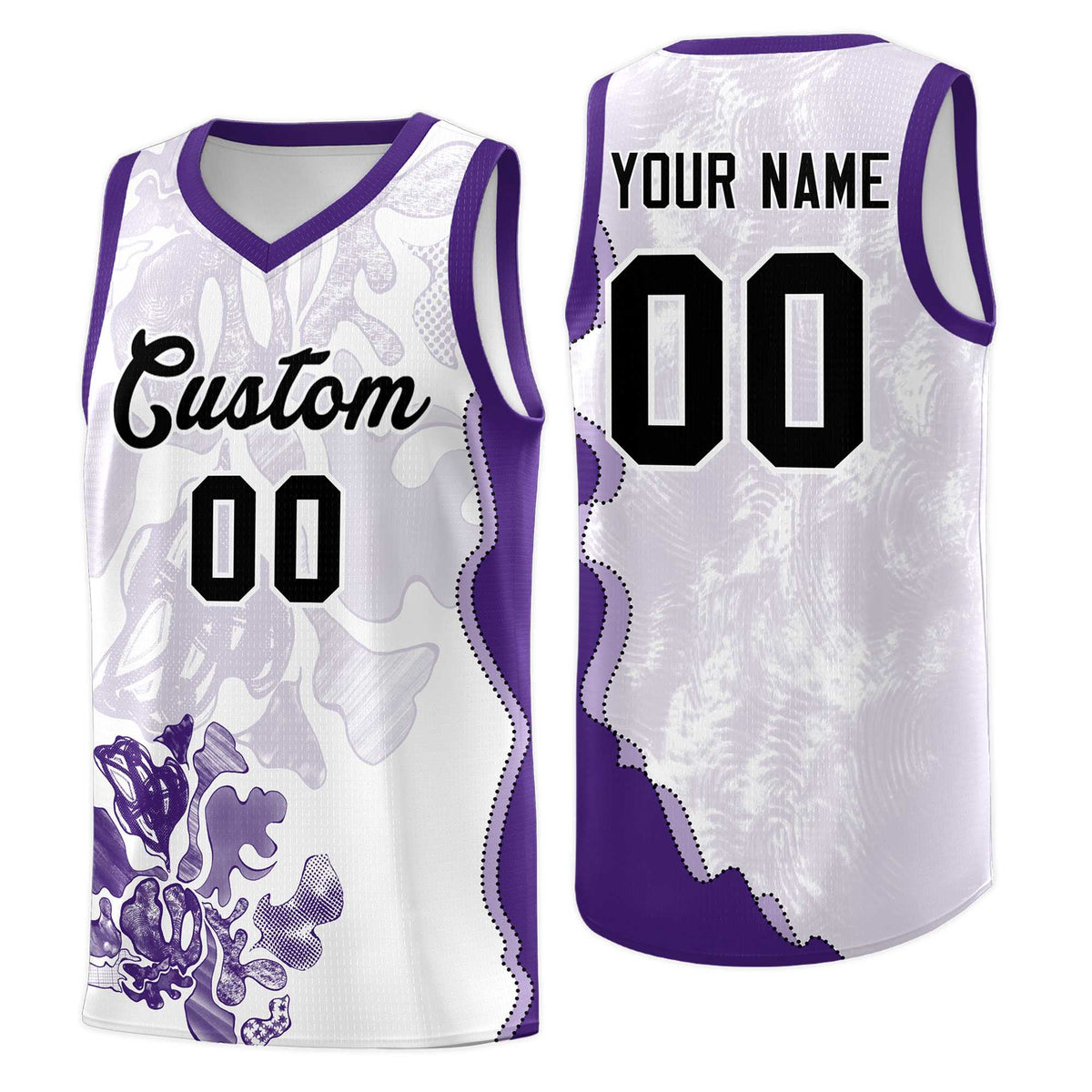 Custom White Purple Basketball Jersey - Illusion Flower Graffiti Moisture-wicking Fabric
