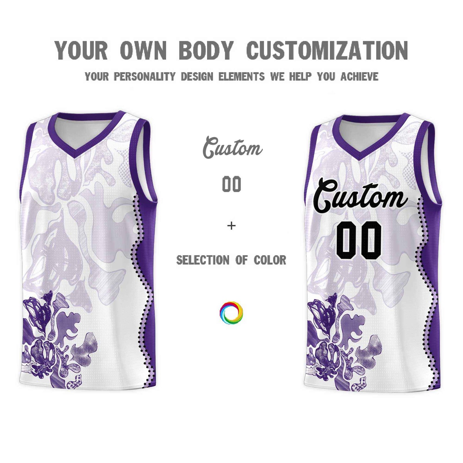 Custom White Purple Basketball Jersey - Illusion Flower Graffiti Moisture-wicking Fabric
