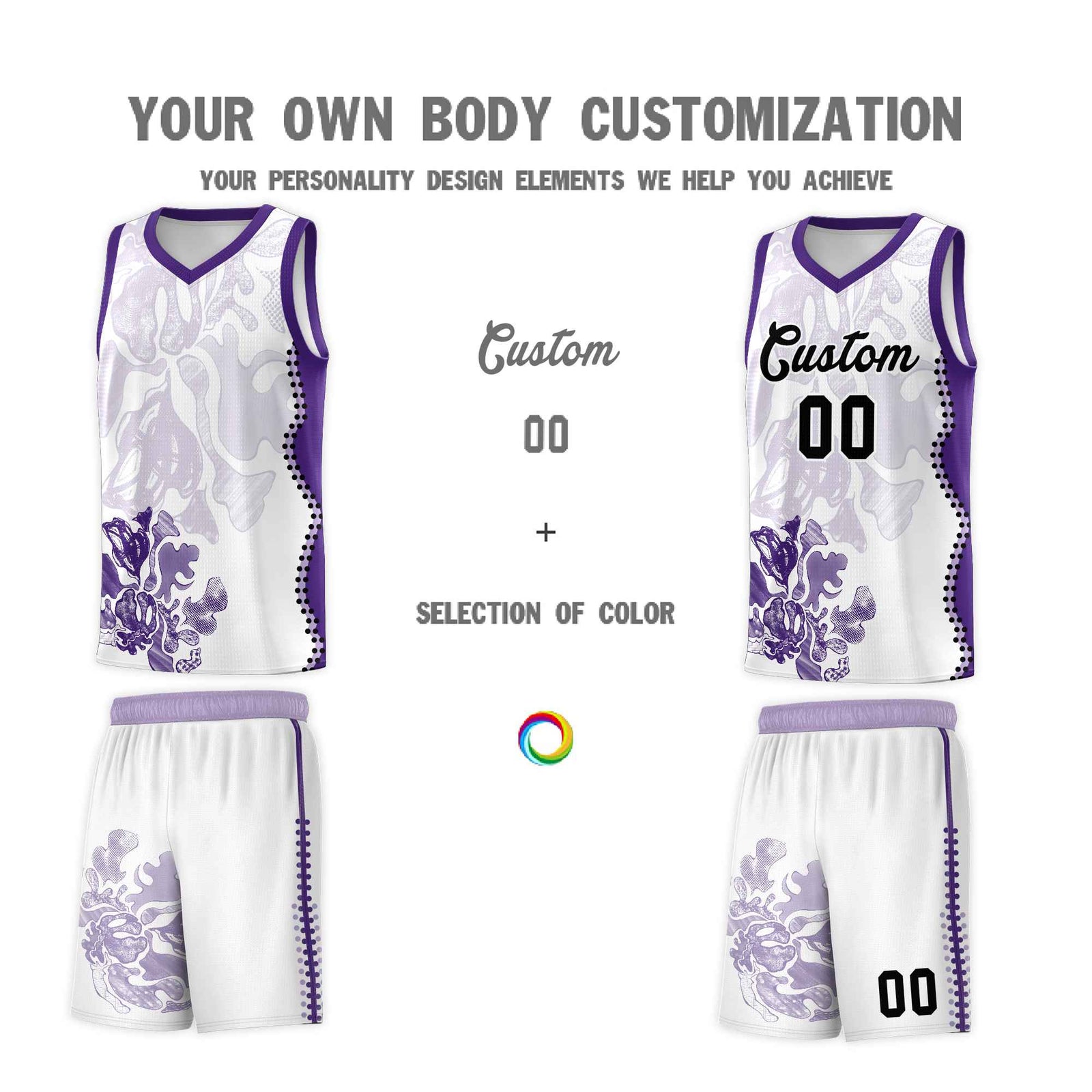Custom White Purple Basketball Jersey - Illusion Flower Graffiti Moisture-wicking Fabric
