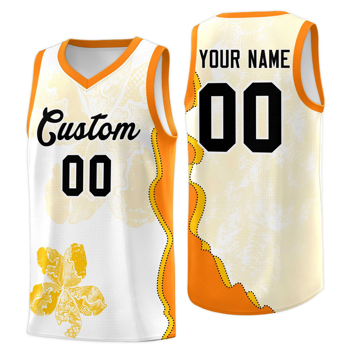 Custom White Orange Basketball Jersey - Illusion Flower Graffiti Durable Fabric