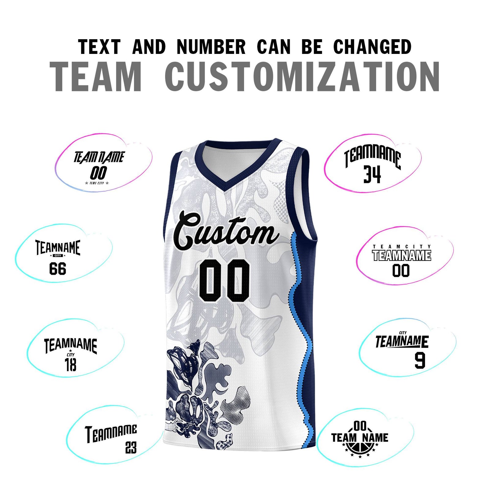 Custom White Navy Basketball Jersey - Illusion Flower Graffiti Breathable Fabric
