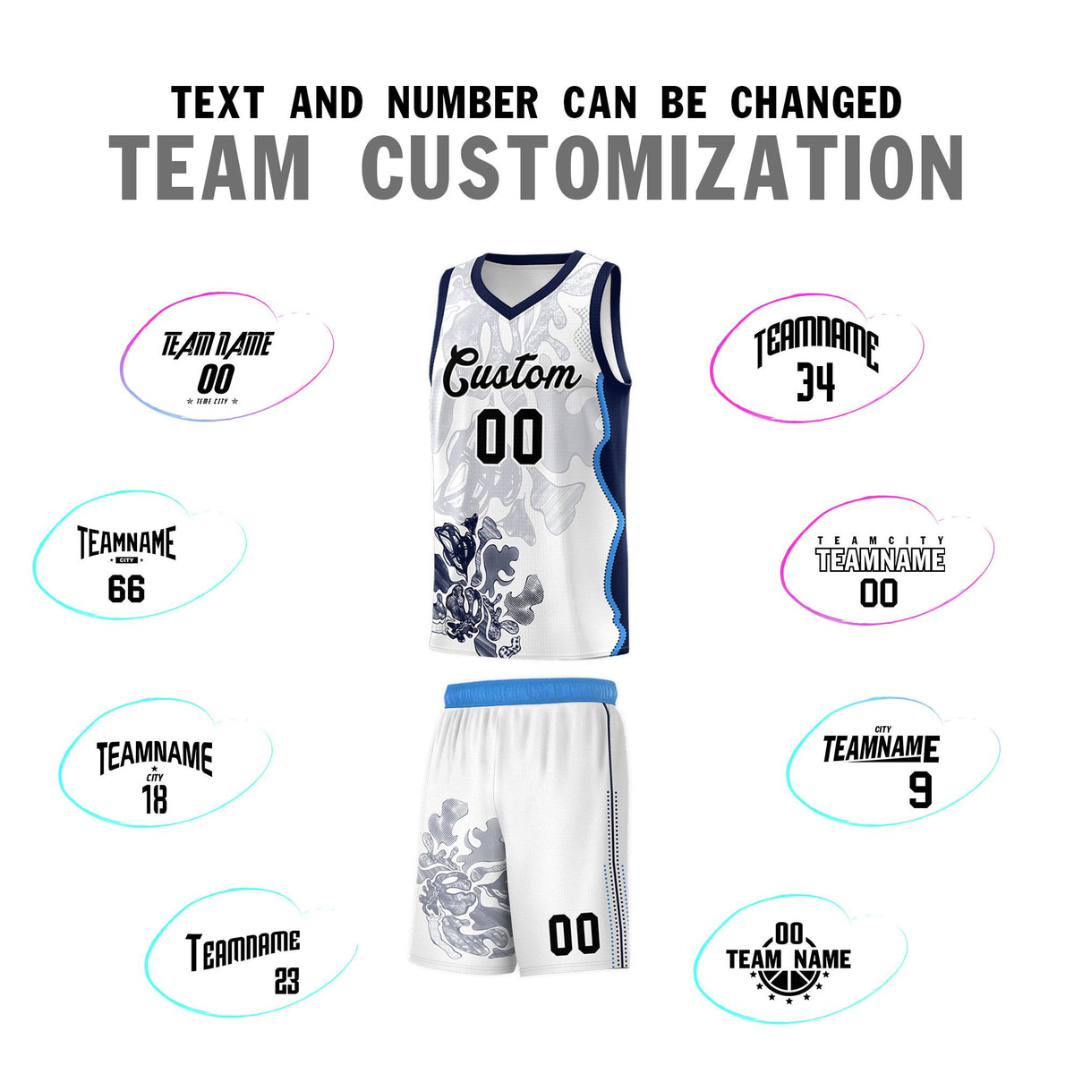 Custom White Navy Basketball Jersey - Illusion Flower Graffiti Breathable Fabric
