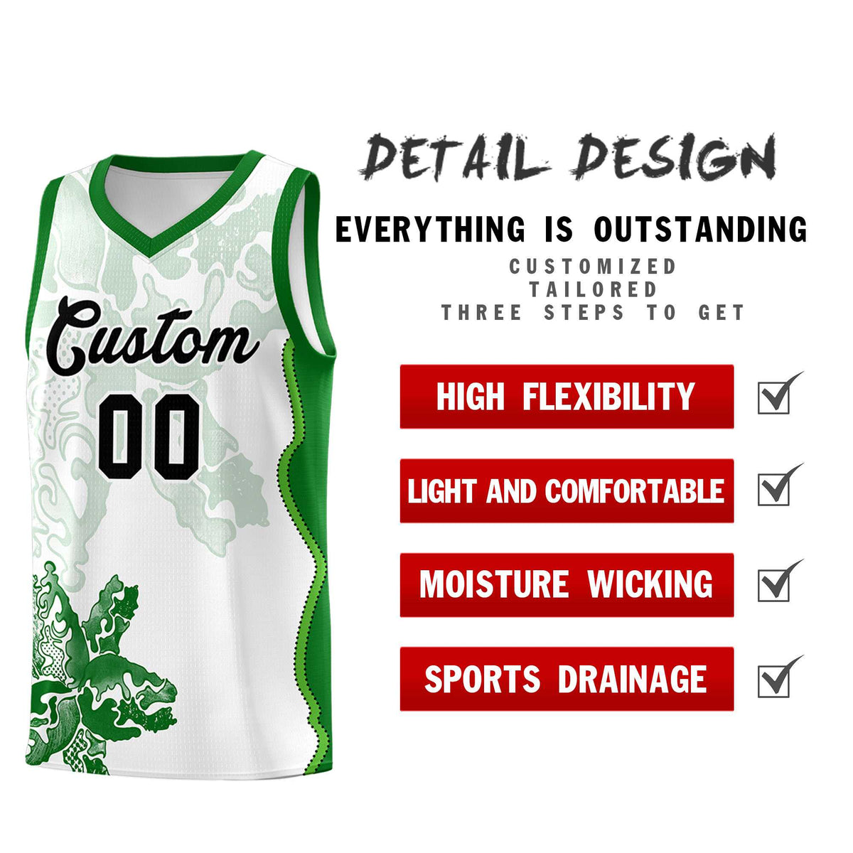 Custom White Kelly Green Basketball Jersey - Illusion Flower Graffiti Moisture wicking Fabric