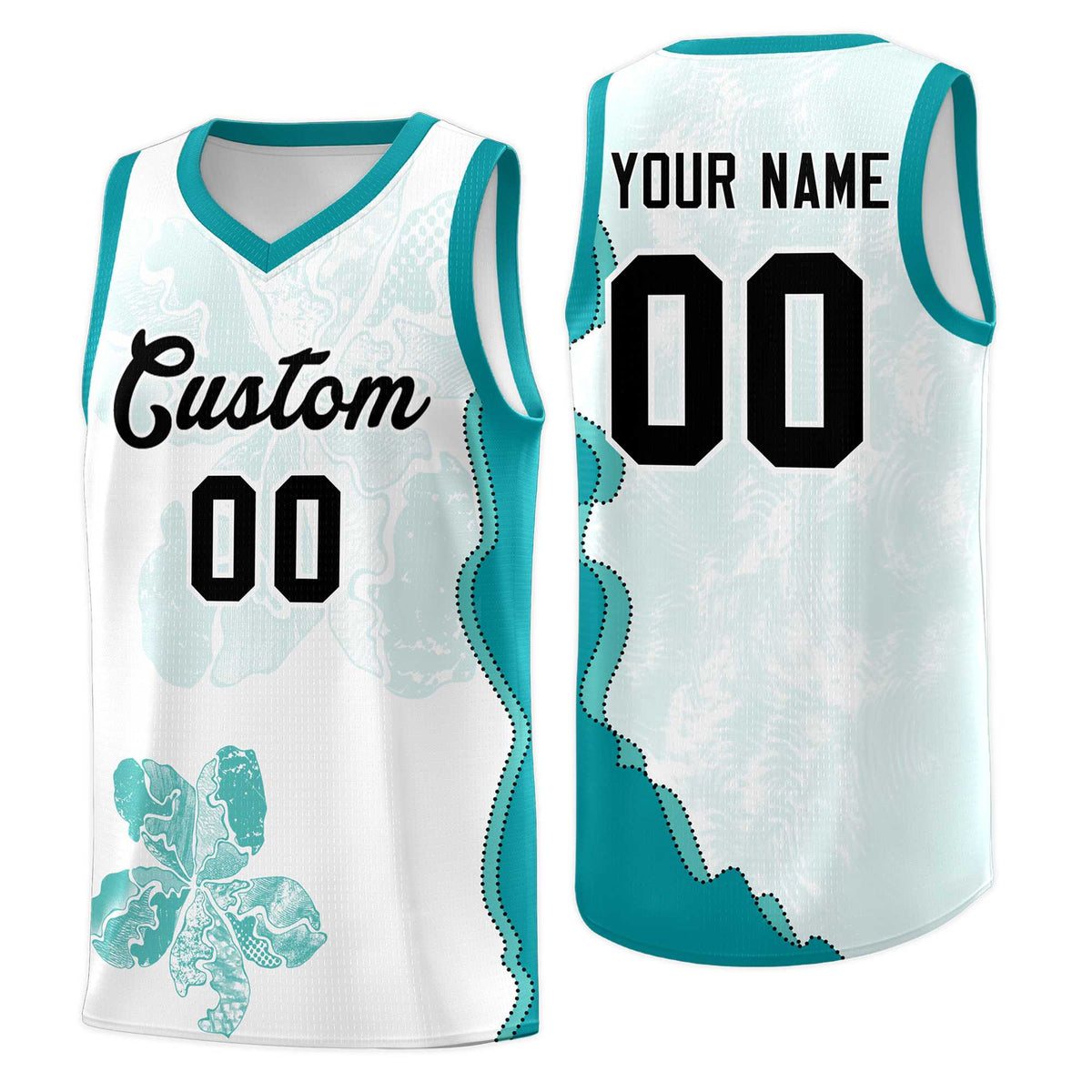 Custom White Teal Basketball Jersey - Illusion Flower Graffiti Lightweight Fabric