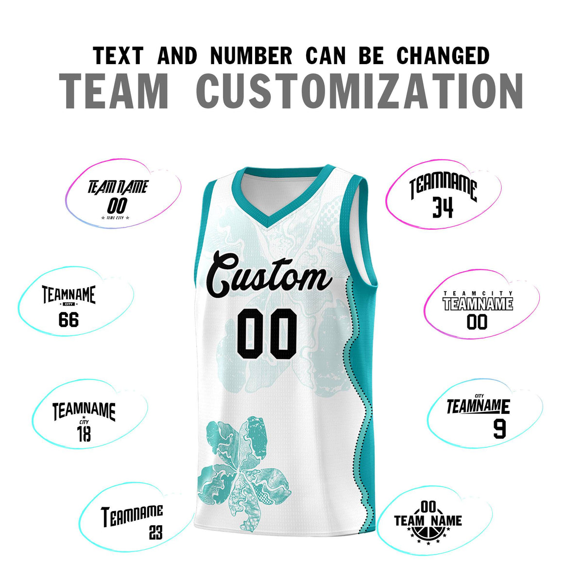 Custom White Teal Basketball Jersey - Illusion Flower Graffiti Lightweight Fabric