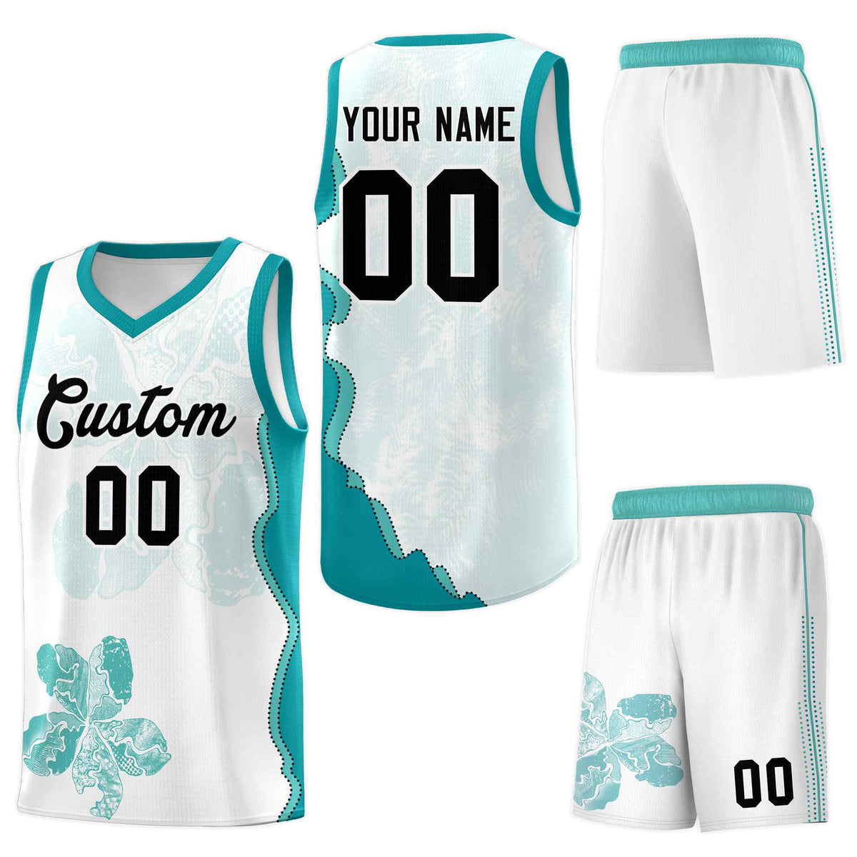 Custom White Teal Basketball Jersey - Illusion Flower Graffiti Quick-Drying
