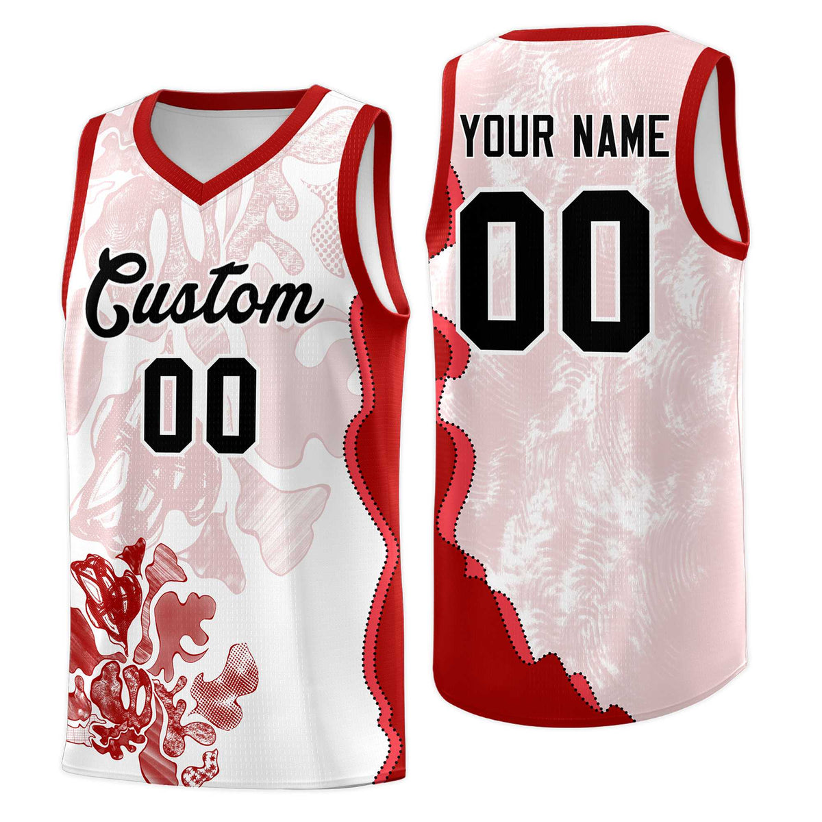 Custom White Red Basketball Jersey - Illusion Flower Graffiti Stretchy Fabric