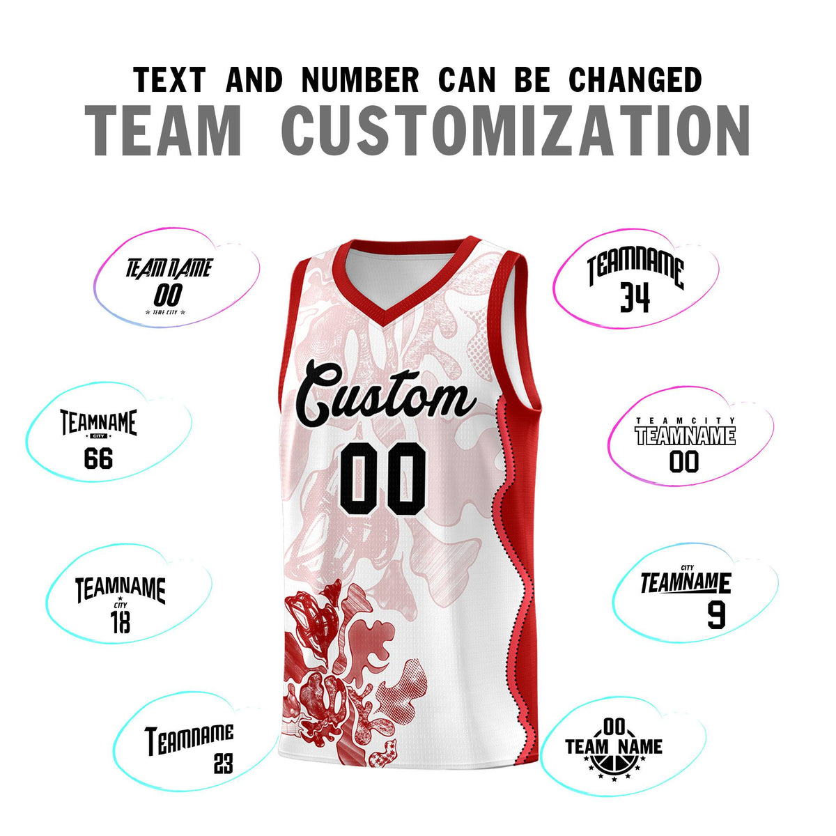 Custom White Red Basketball Jersey - Illusion Flower Graffiti Stretchy Fabric