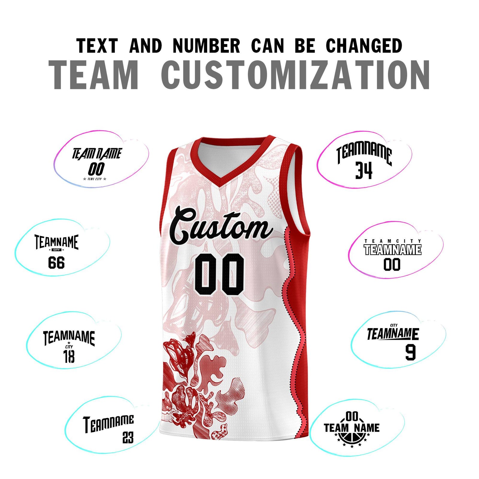 Custom White Red Basketball Jersey - Illusion Flower Graffiti Stretchy Fabric
