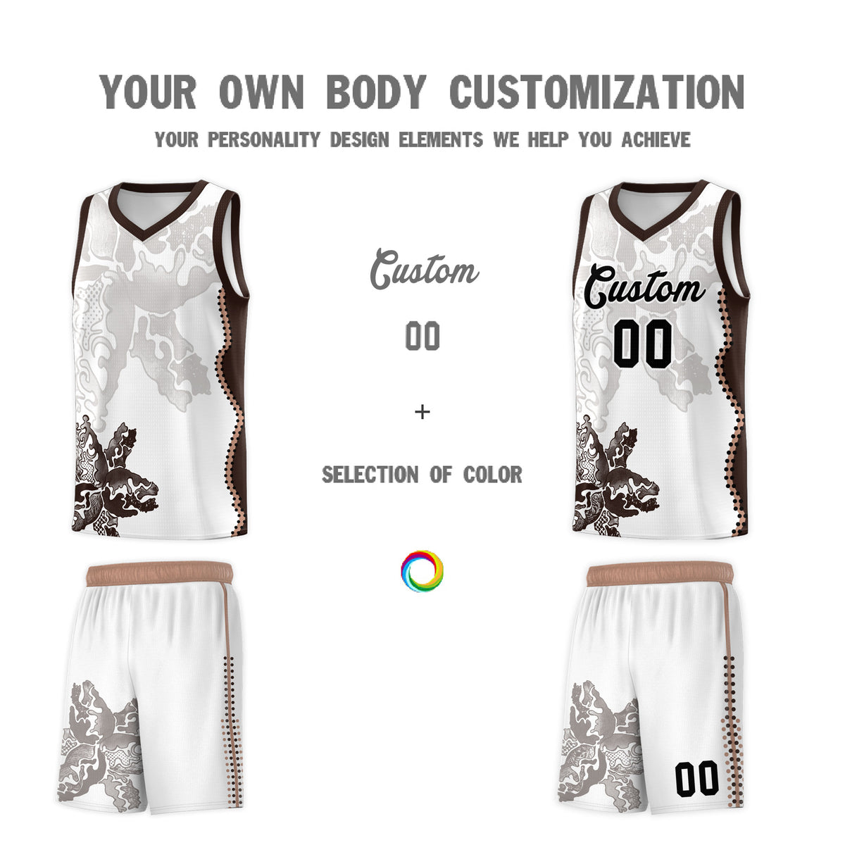 Custom White Brown Basketball Jersey - Illusion Flower Graffiti Quick dry Fabric