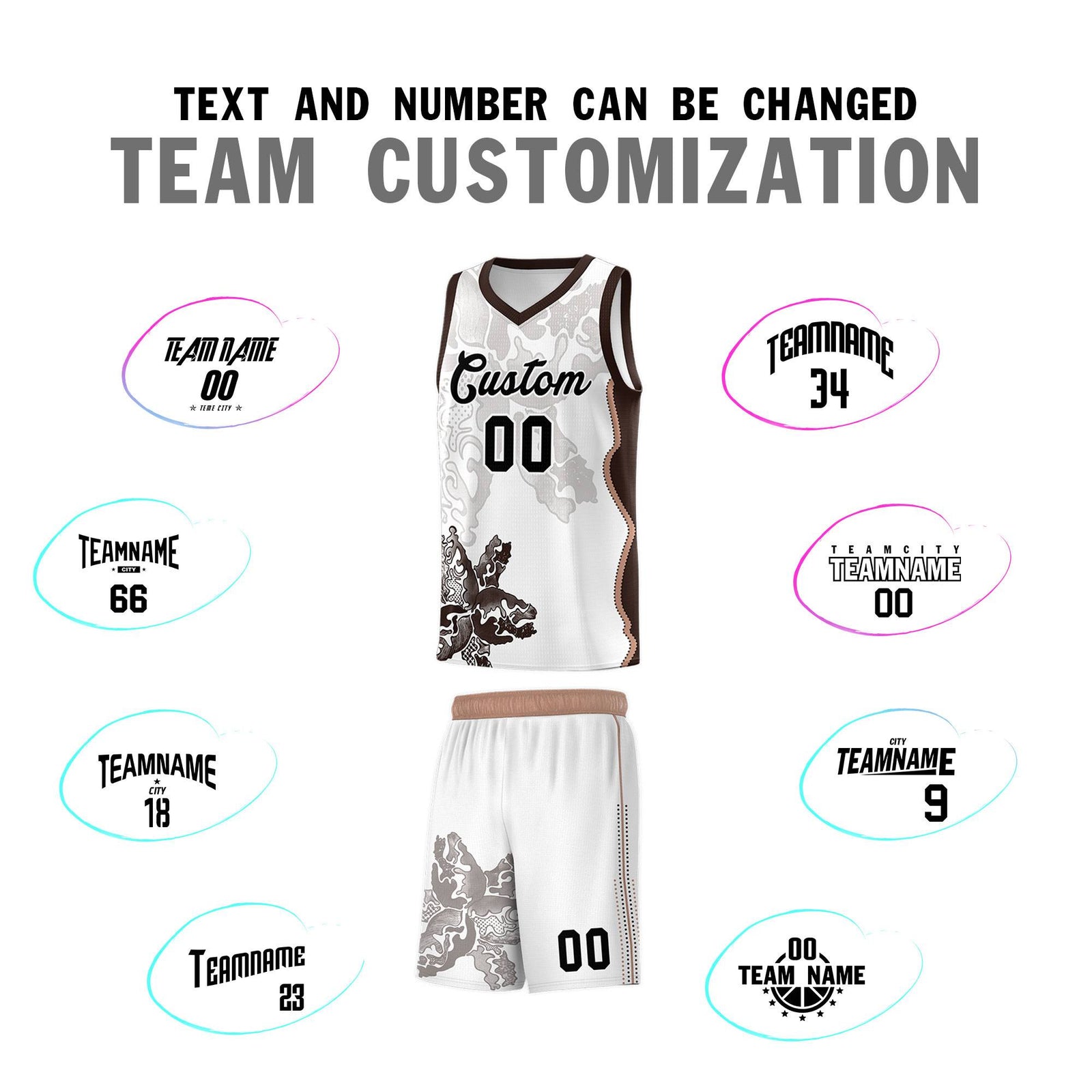 Custom White Brown Basketball Jersey - Illusion Flower Graffiti Quick dry Fabric