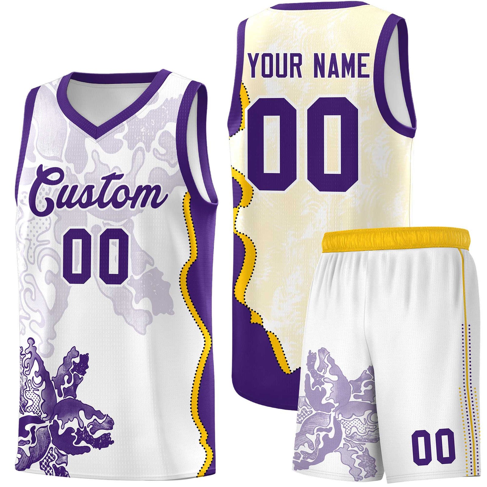 Custom White Purple Basketball Jersey - Illusion Flower Graffiti Moisture-wicking Fabric