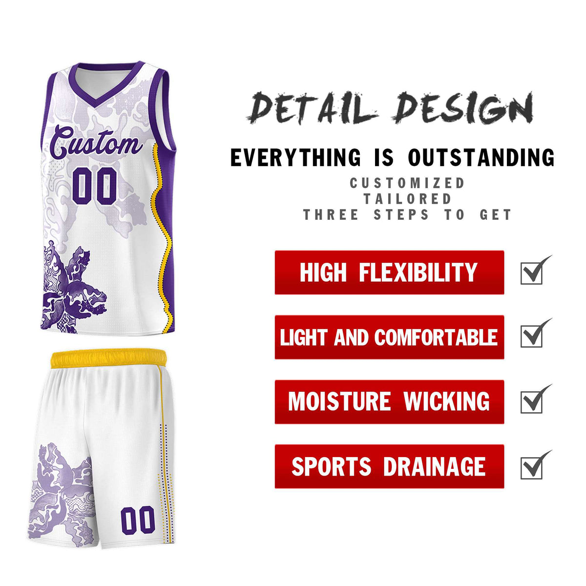 Custom White Purple Basketball Jersey - Illusion Flower Graffiti Moisture-wicking Fabric
