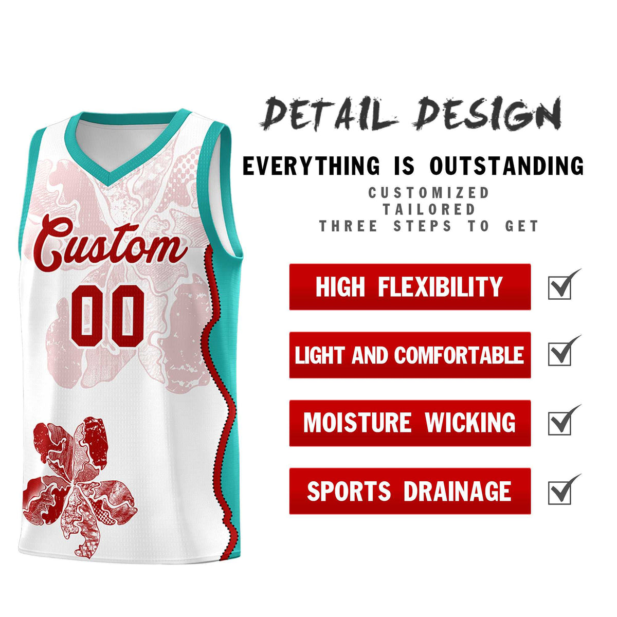 Custom White Aqua Basketball Jersey - Illusion Flower Graffiti Breathable mesh Fabric