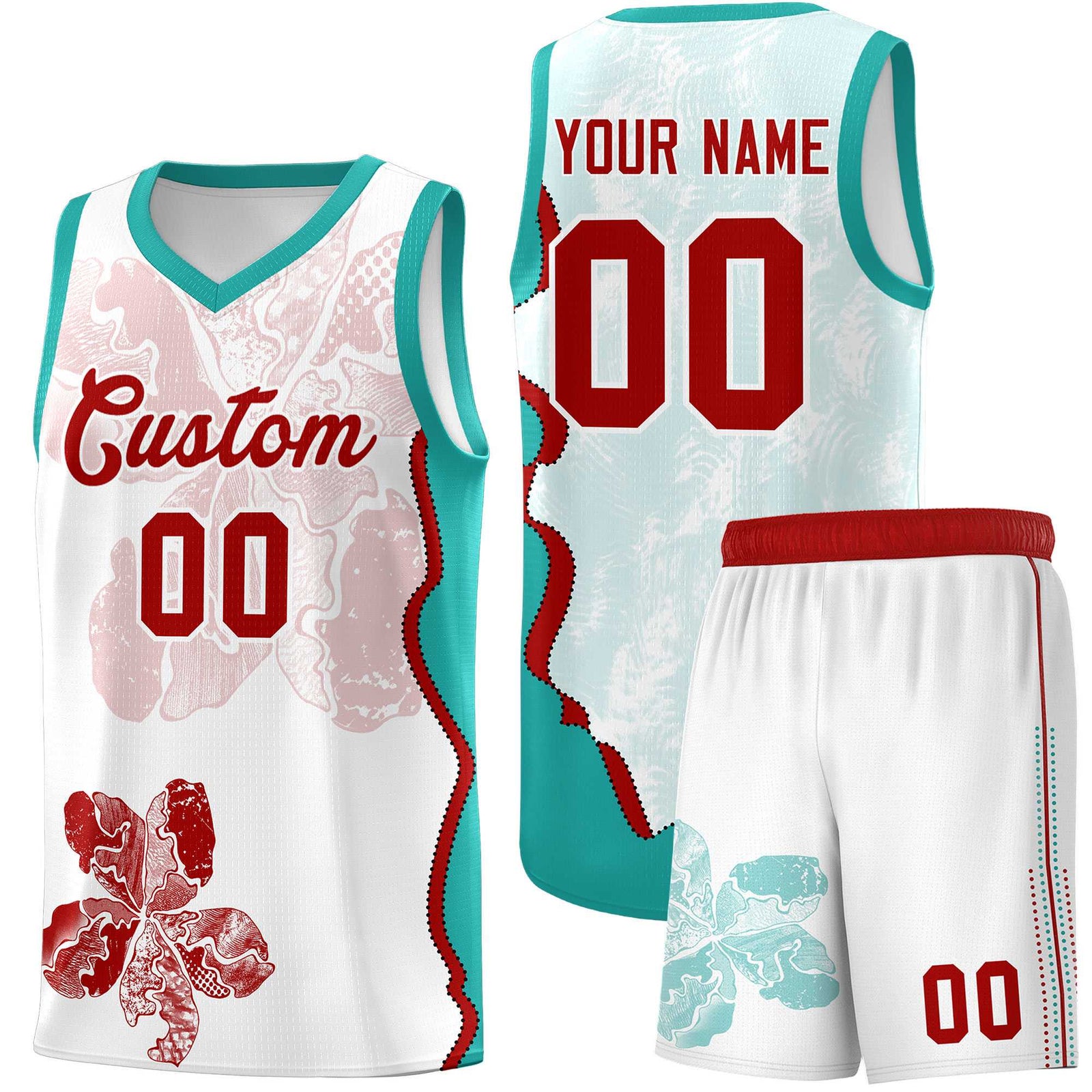Custom White Aqua Basketball Jersey - Illusion Flower Graffiti Breathable mesh Fabric