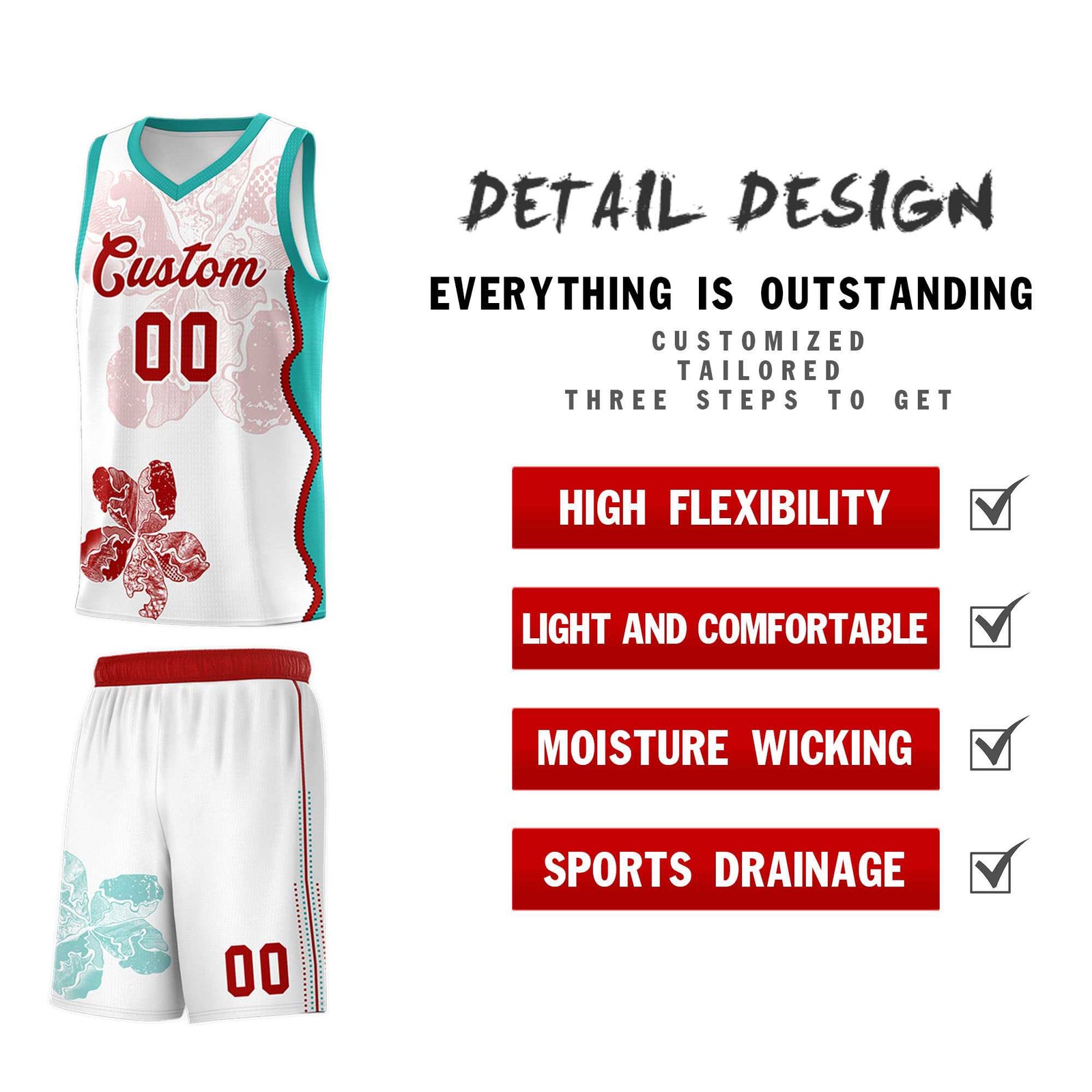 Custom White Aqua Basketball Jersey - Illusion Flower Graffiti Breathable mesh Fabric
