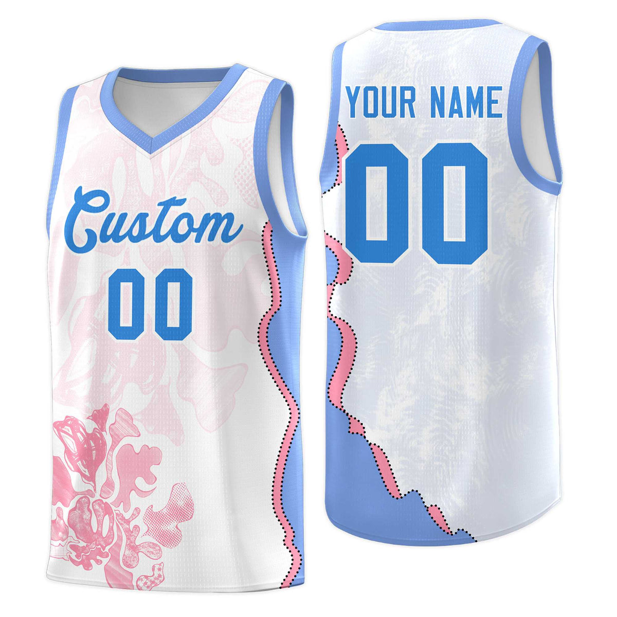 Custom White Light Blue Basketball Jersey - Illusion Flower Graffiti Durable Fabric