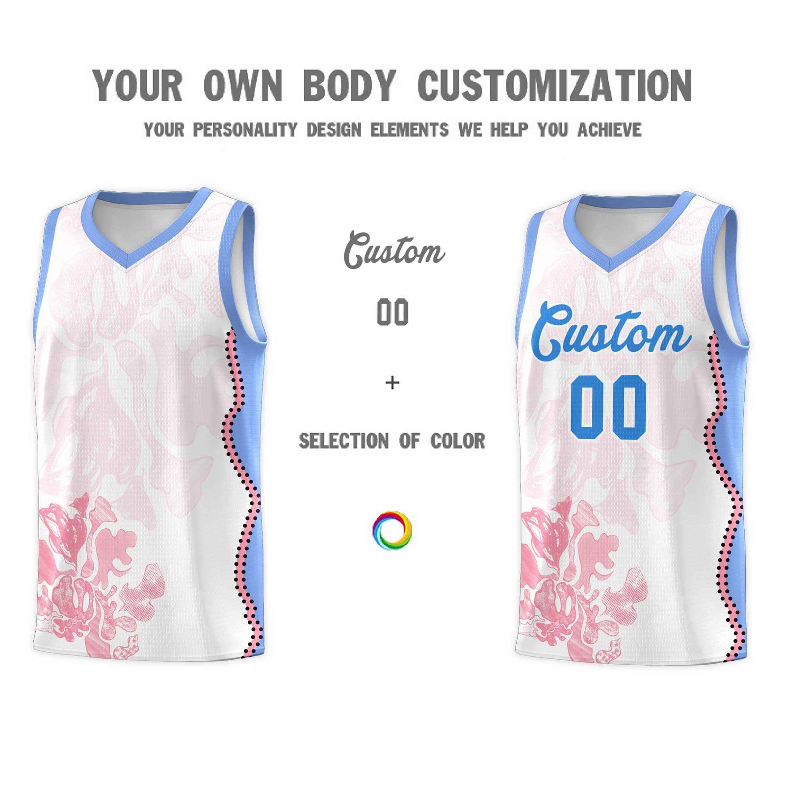 Custom White Light Blue Basketball Jersey - Illusion Flower Graffiti Durable Fabric