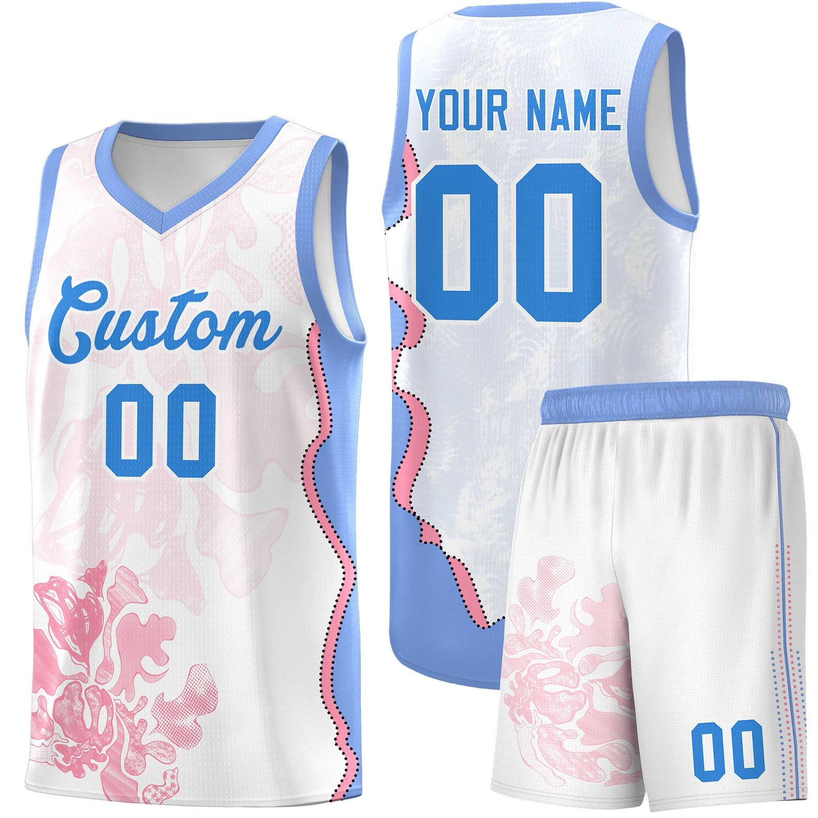 Custom White Light Blue Basketball Jersey - Illusion Flower Graffiti Durable Fabric