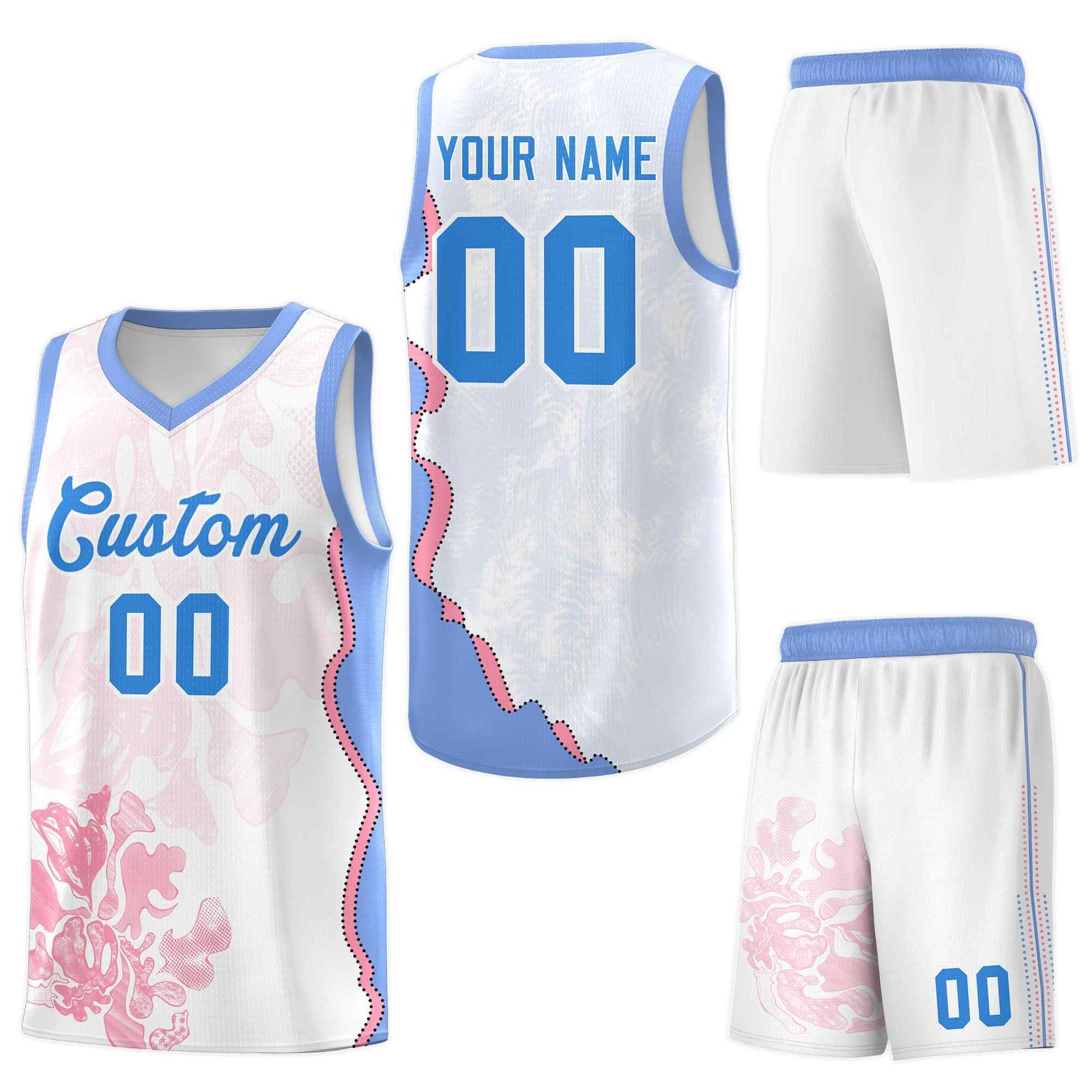 Custom White Light Blue Basketball Jersey - Illusion Flower Graffiti Lightweight