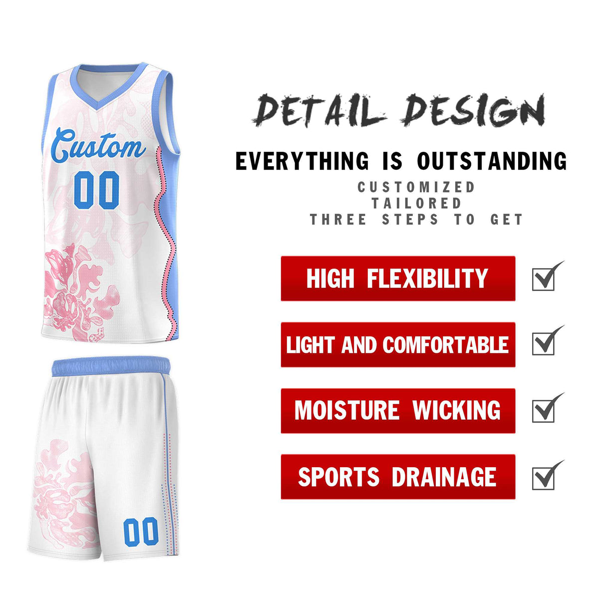 Custom White Light Blue Basketball Jersey - Illusion Flower Graffiti Durable Fabric
