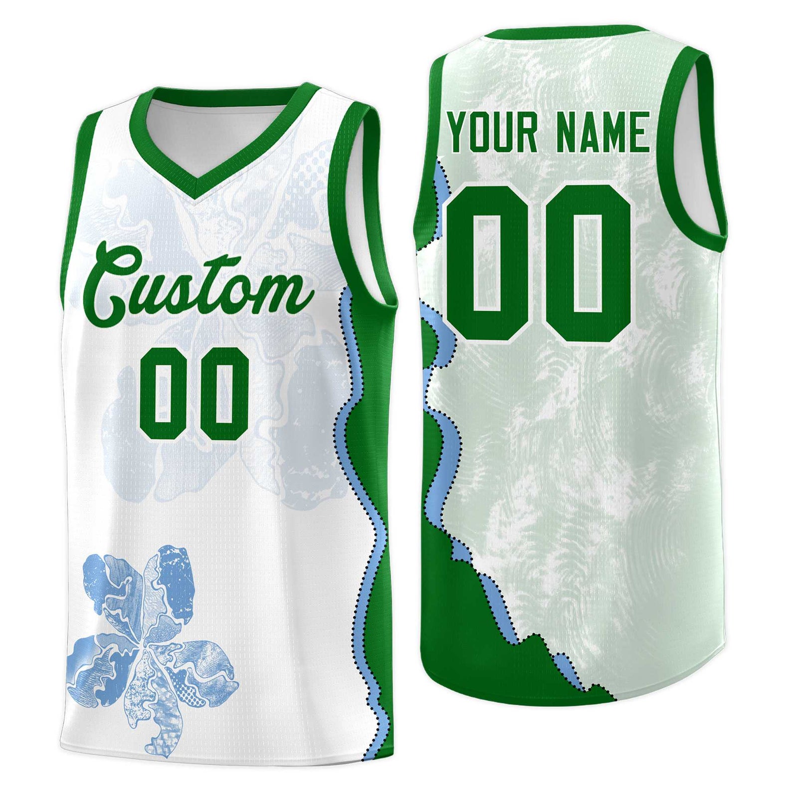 Custom White Kelly Green Basketball Jersey - Illusion Flower Graffiti Moisture wicking Fabric
