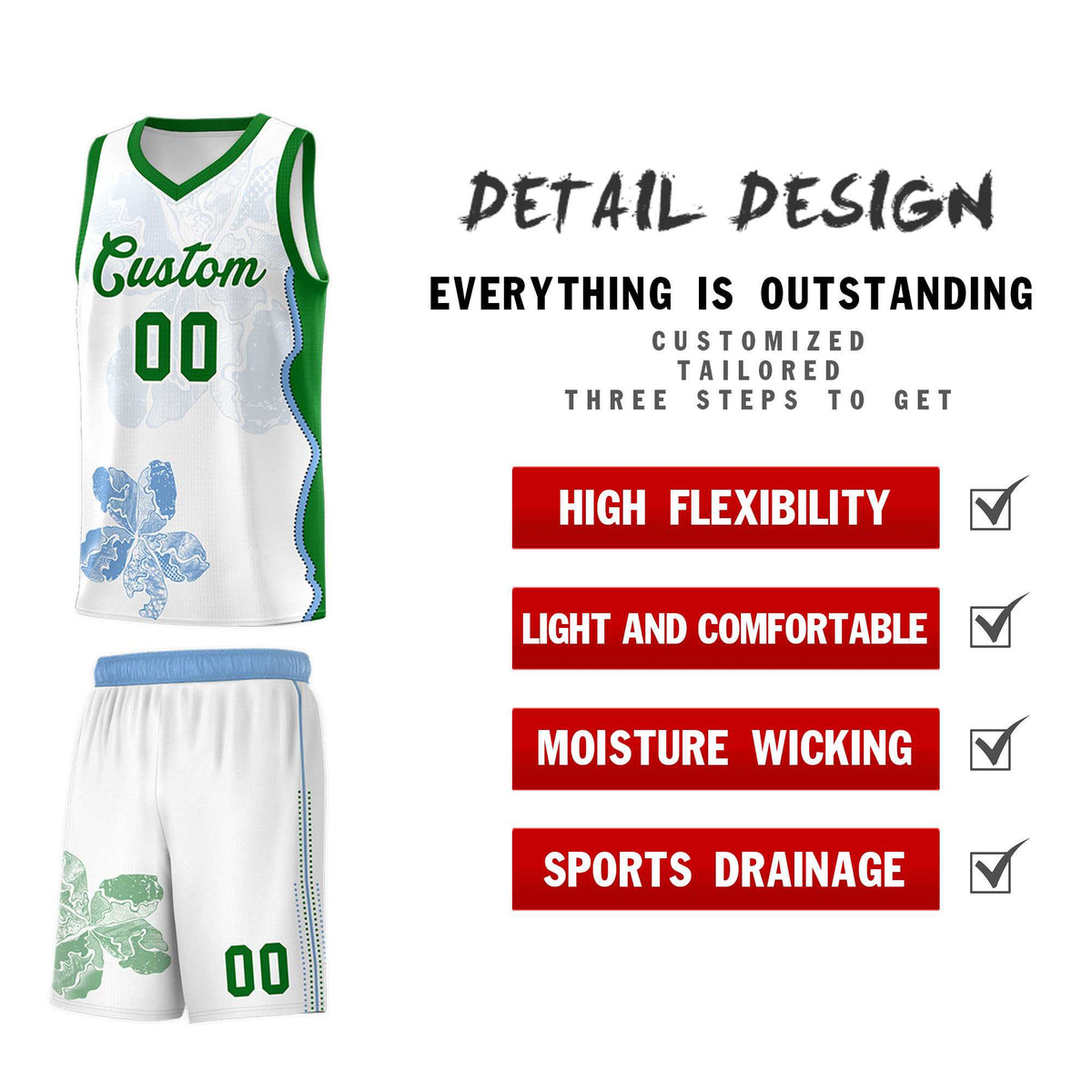 Custom White Kelly Green Basketball Jersey - Illusion Flower Graffiti Moisture wicking Fabric