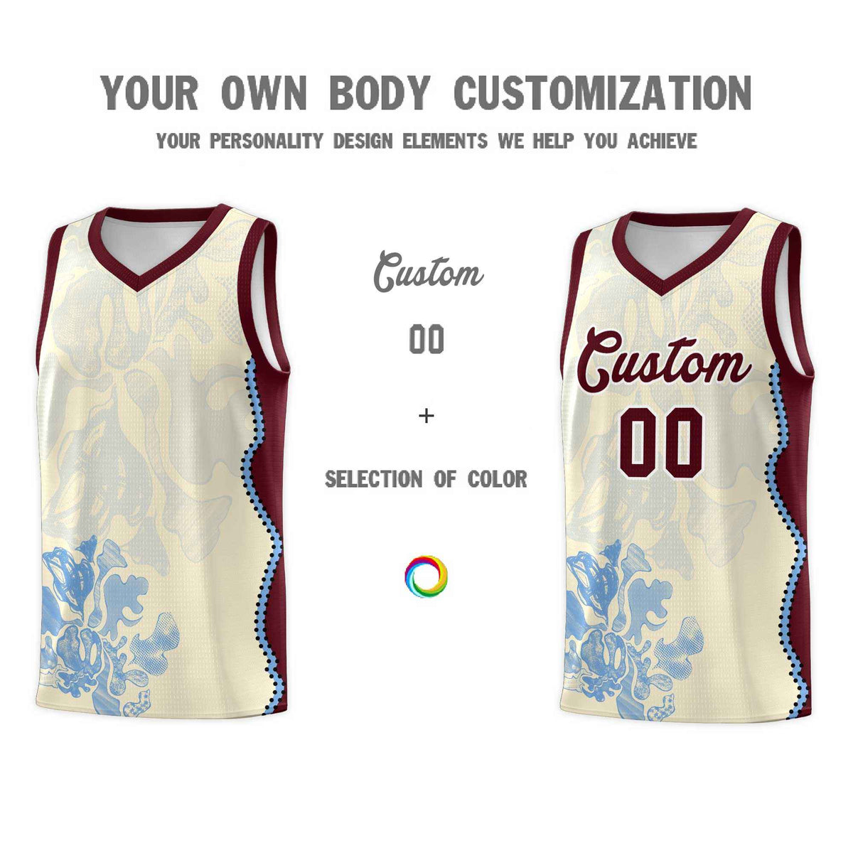 Custom Cream Burgundy Basketball Jersey - Illusion Flower Graffiti Lightweight Fabric