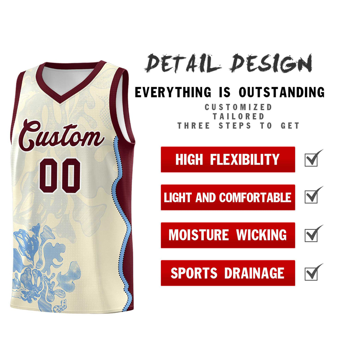 Custom Cream Burgundy Basketball Jersey - Illusion Flower Graffiti Lightweight Fabric