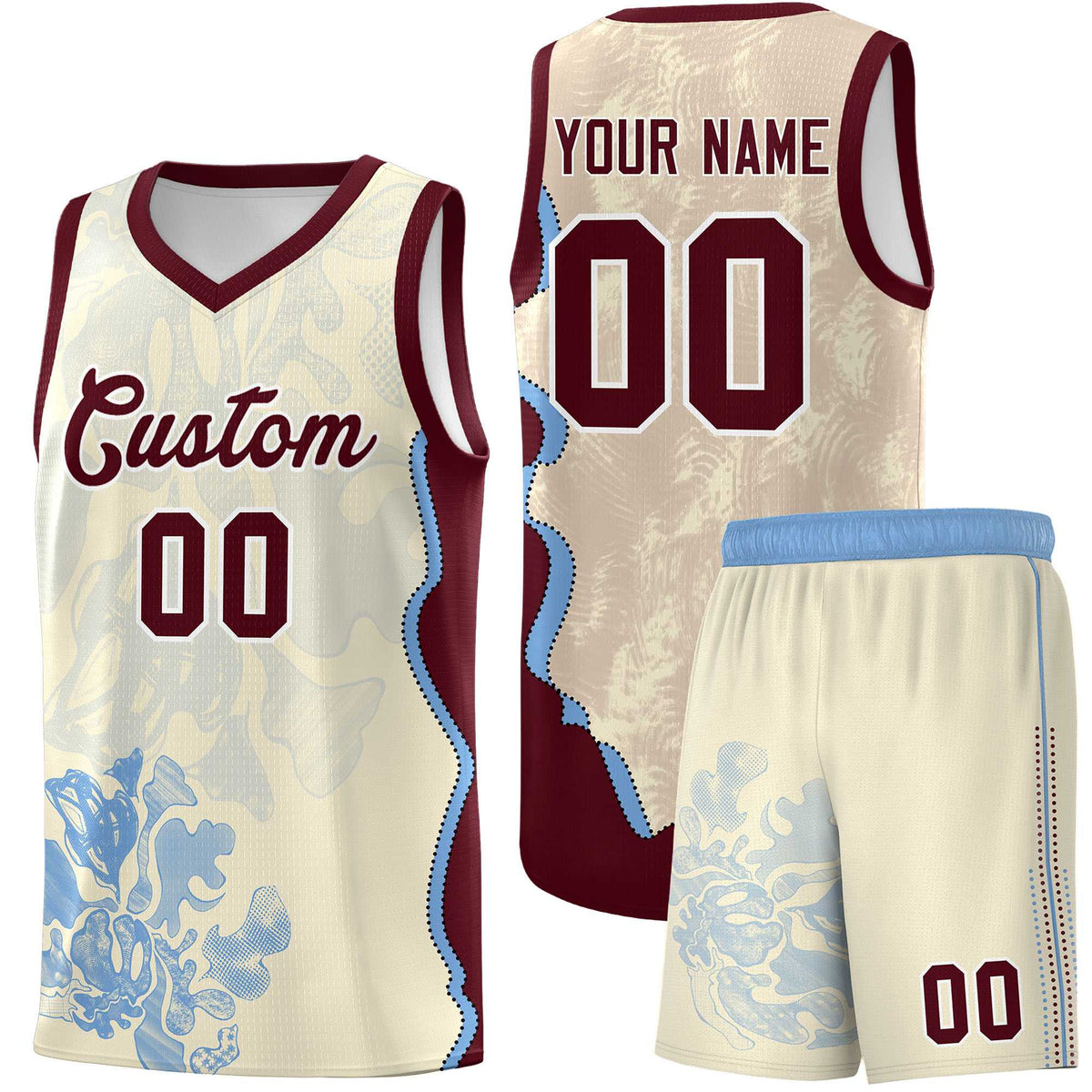 Custom Cream Burgundy Basketball Jersey - Illusion Flower Graffiti Lightweight Fabric